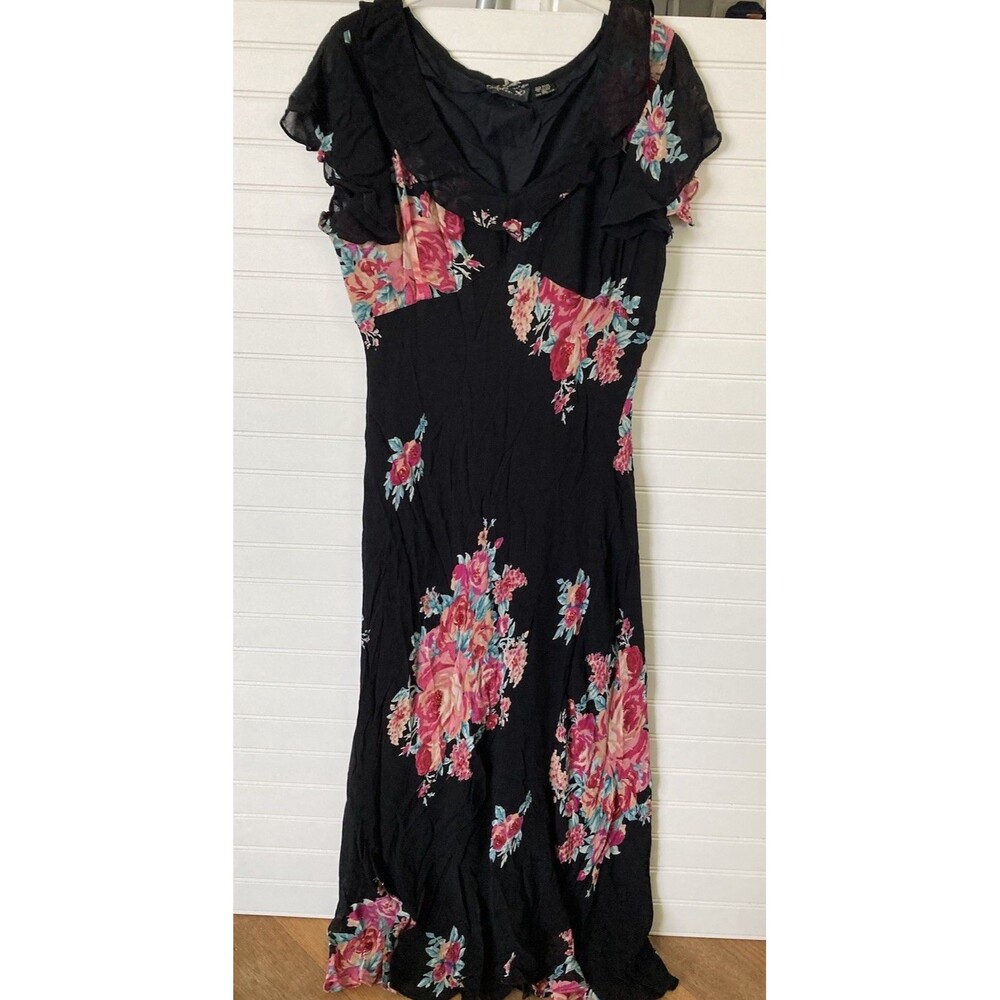 Vintage Lola P. Floral Beaded Maxi Dress XL Ruffle Bias Cut Black Romantic